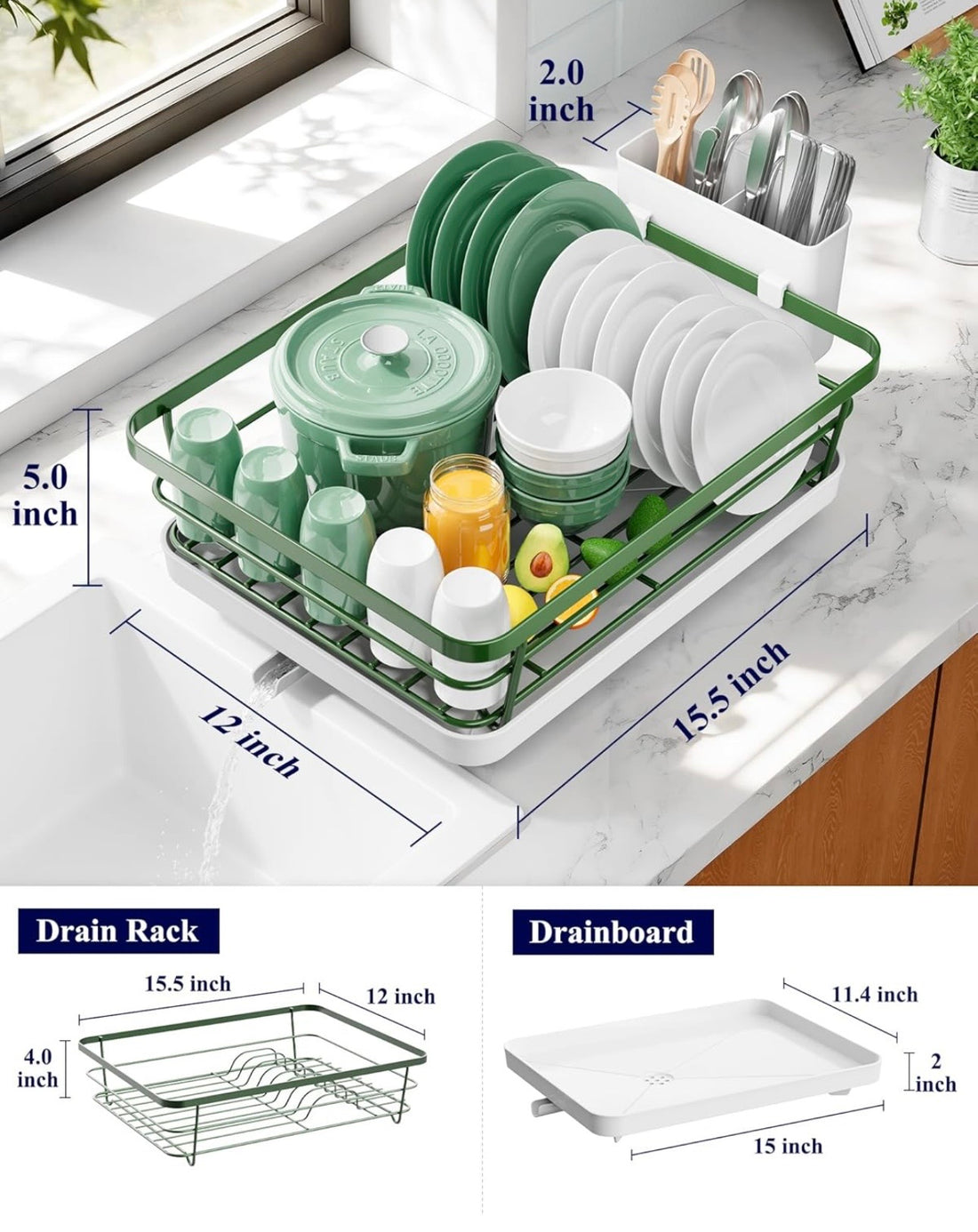 Space-Saving Dish Drying Rack — 2-Tier, Drainboard, Utensil Holder, Rustproof Steel