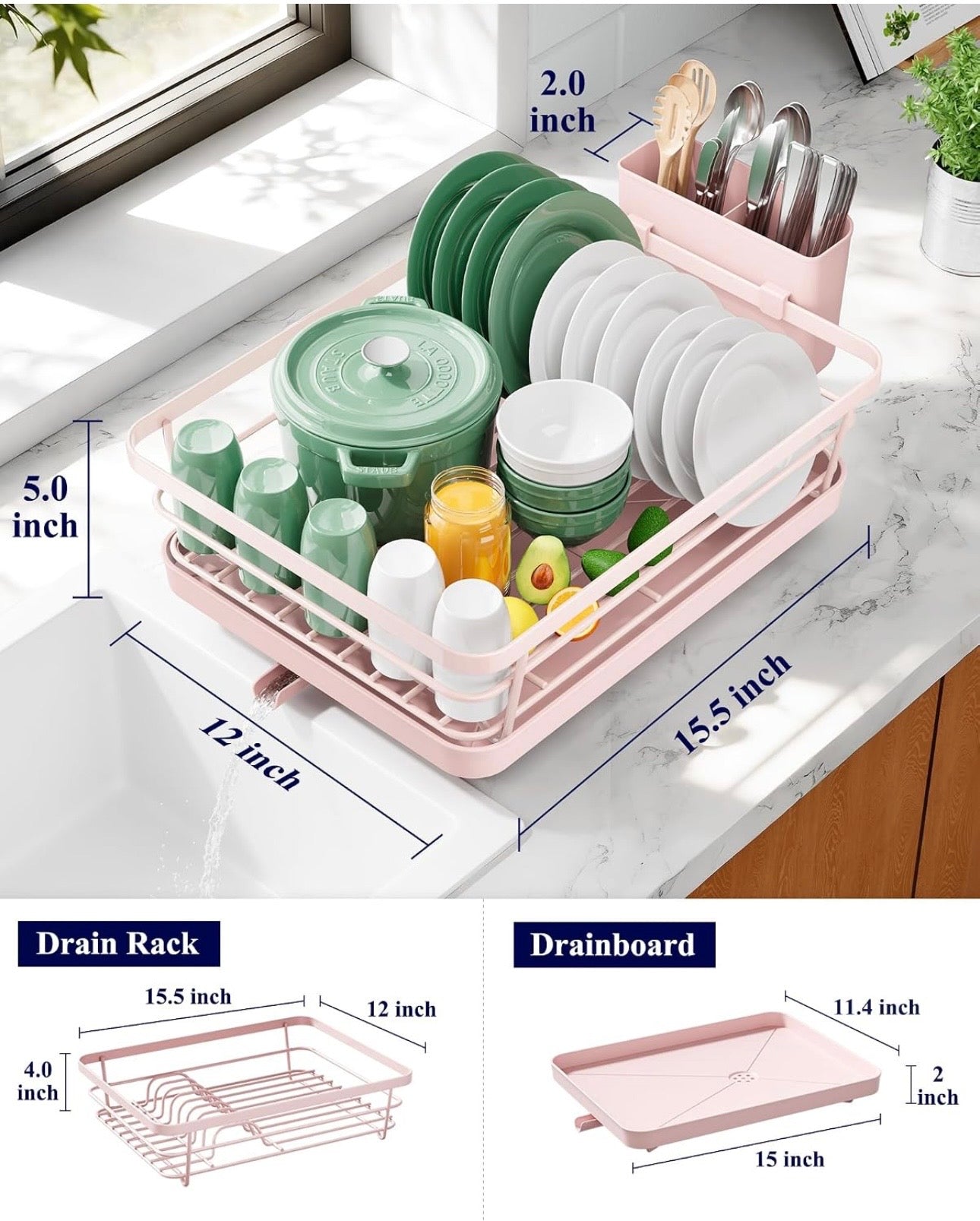 Space-Saving Dish Drying Rack — 2-Tier, Drainboard, Utensil Holder, Rustproof Steel