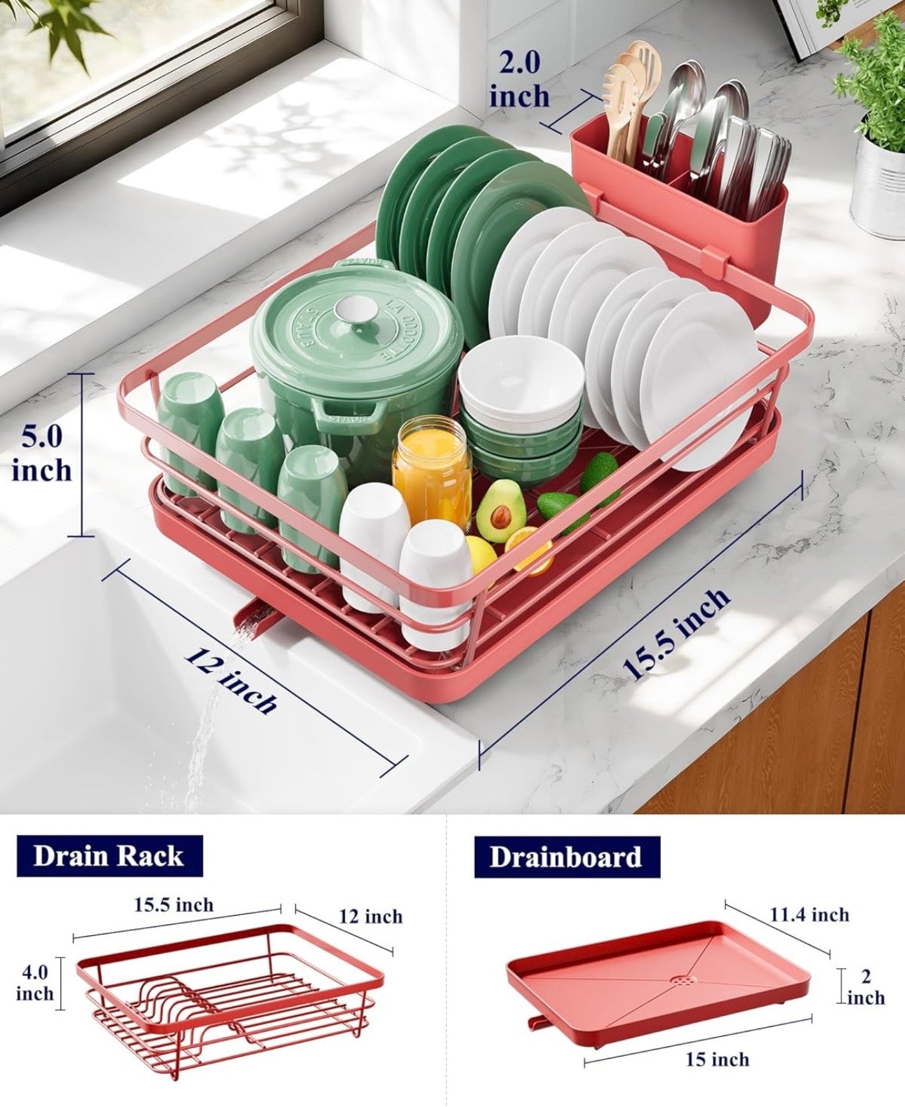 Space-Saving Dish Drying Rack — 2-Tier, Drainboard, Utensil Holder, Rustproof Steel