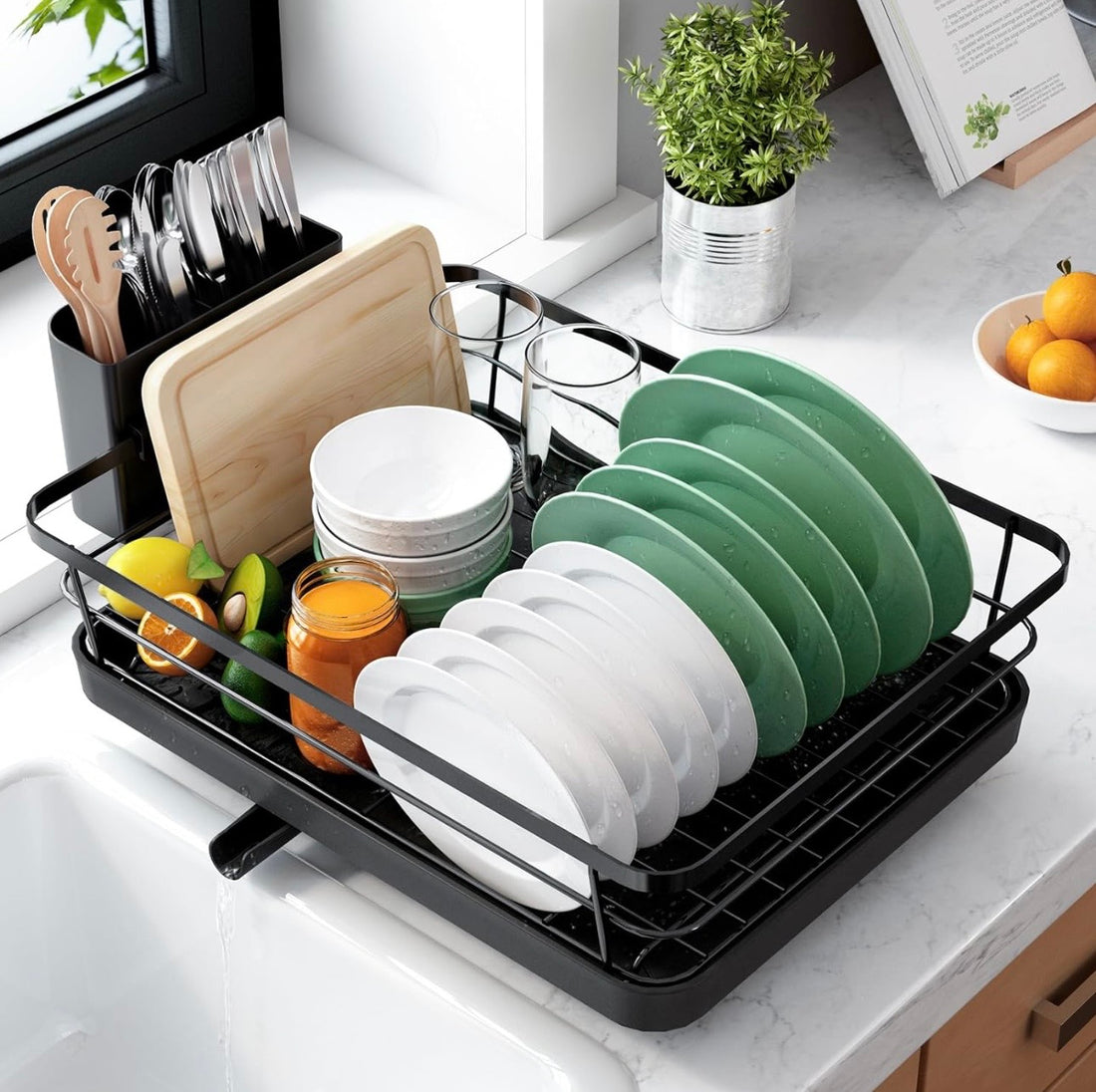 Space-Saving Dish Drying Rack — 2-Tier, Drainboard, Utensil Holder, Rustproof Steel