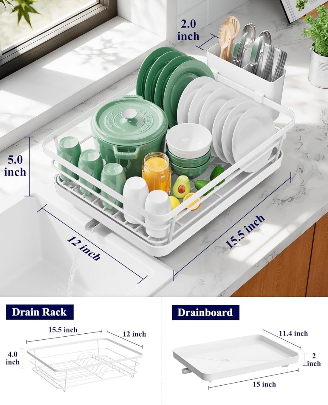 Space-Saving Dish Drying Rack — 2-Tier, Drainboard, Utensil Holder, Rustproof Steel