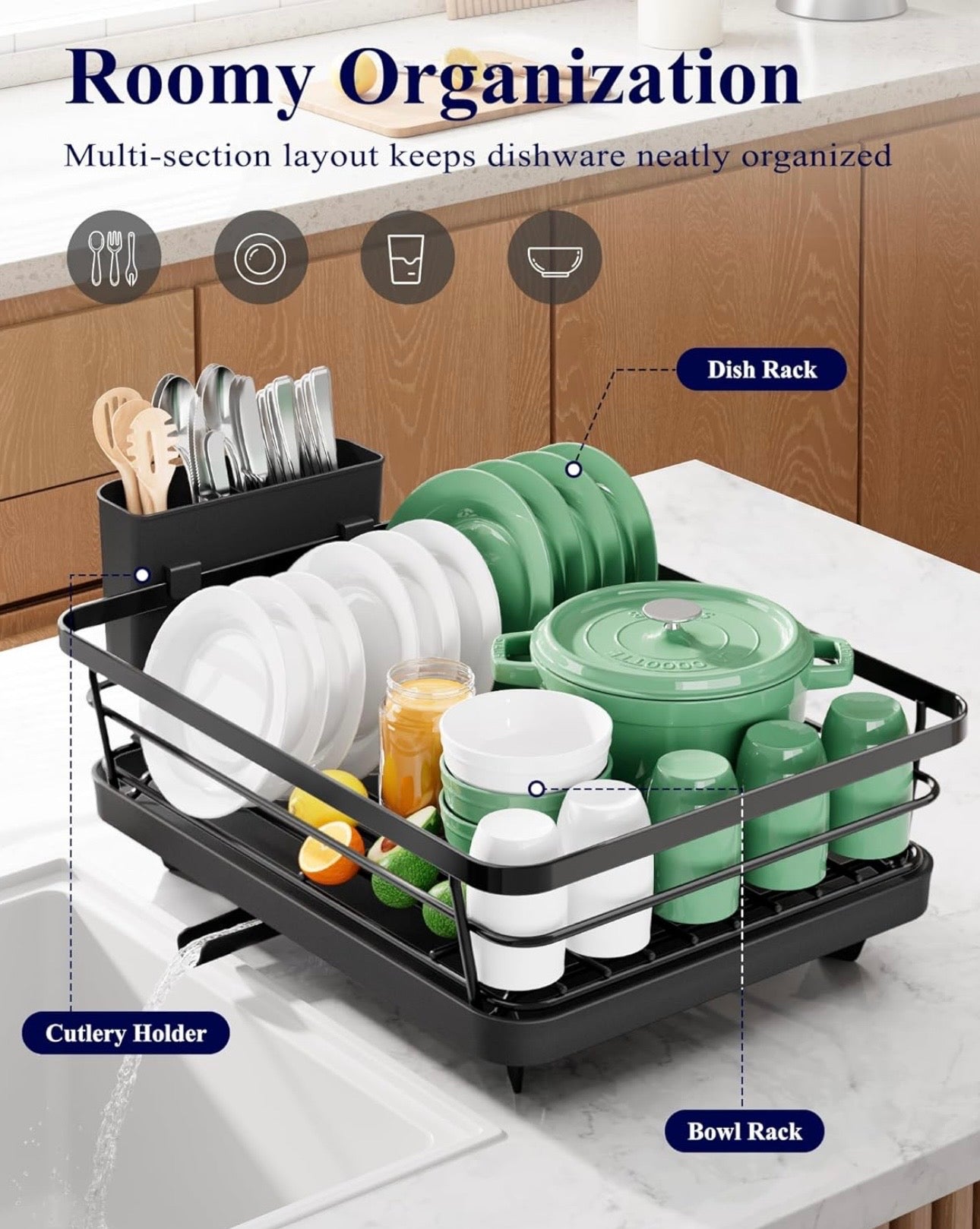 Space-Saving Dish Drying Rack — 2-Tier, Drainboard, Utensil Holder, Rustproof Steel