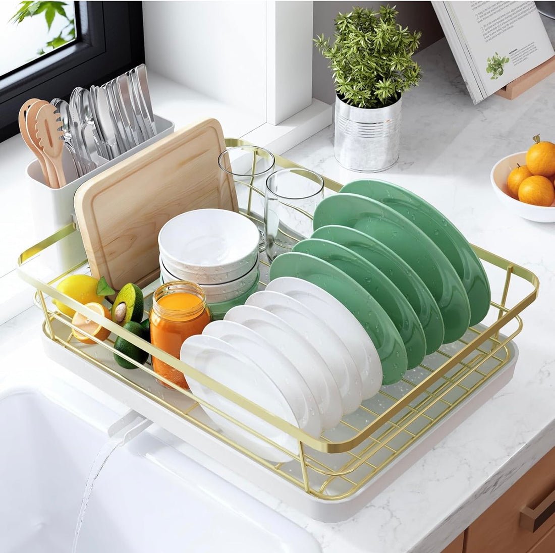 Space-Saving Dish Drying Rack — 2-Tier, Drainboard, Utensil Holder, Rustproof Steel