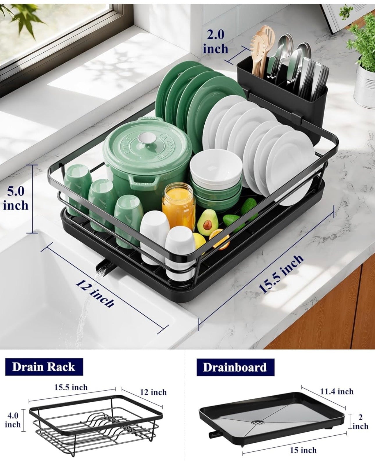 Space-Saving Dish Drying Rack — 2-Tier, Drainboard, Utensil Holder, Rustproof Steel