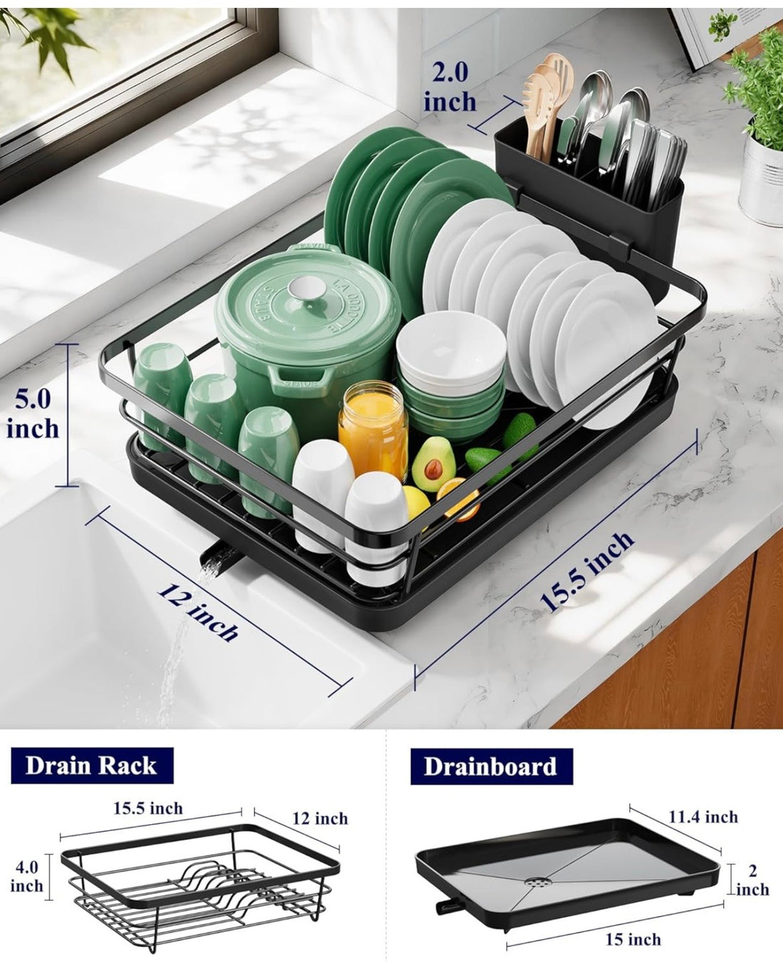 Space-Saving Dish Drying Rack — 2-Tier, Drainboard, Utensil Holder, Rustproof Steel