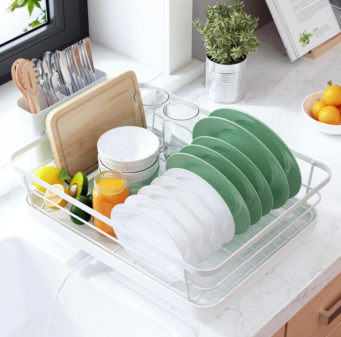 Space-Saving Dish Drying Rack — 2-Tier, Drainboard, Utensil Holder, Rustproof Steel