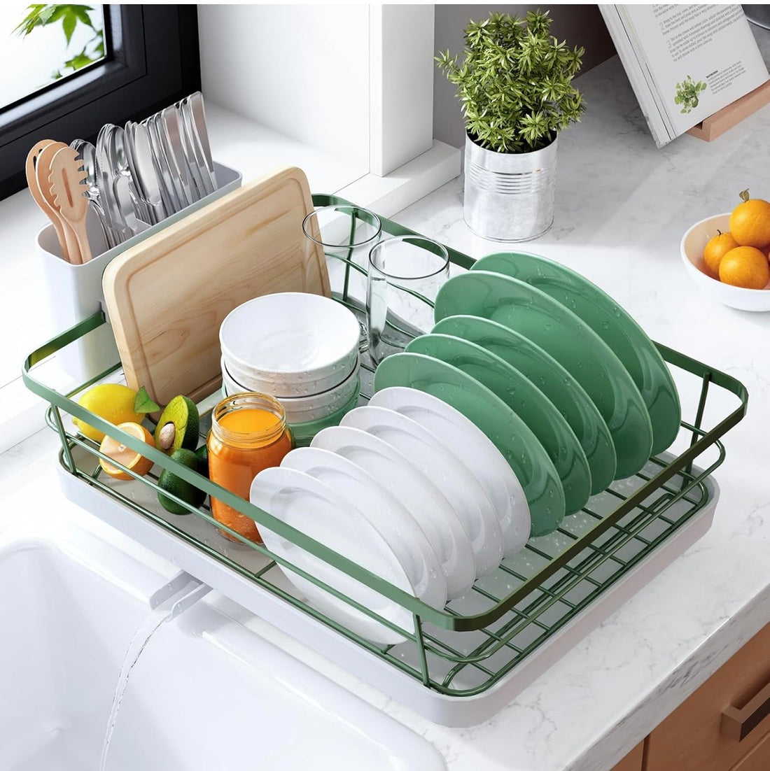 Space-Saving Dish Drying Rack — 2-Tier, Drainboard, Utensil Holder, Rustproof Steel