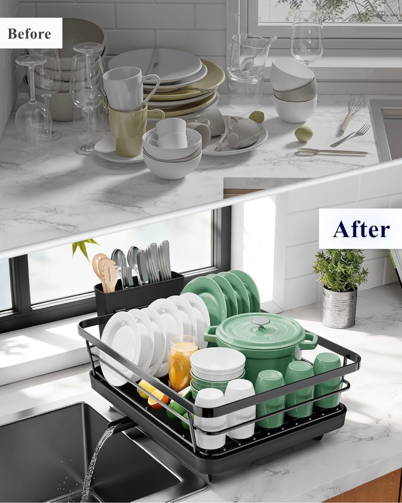 Space-Saving Dish Drying Rack — 2-Tier, Drainboard, Utensil Holder, Rustproof Steel