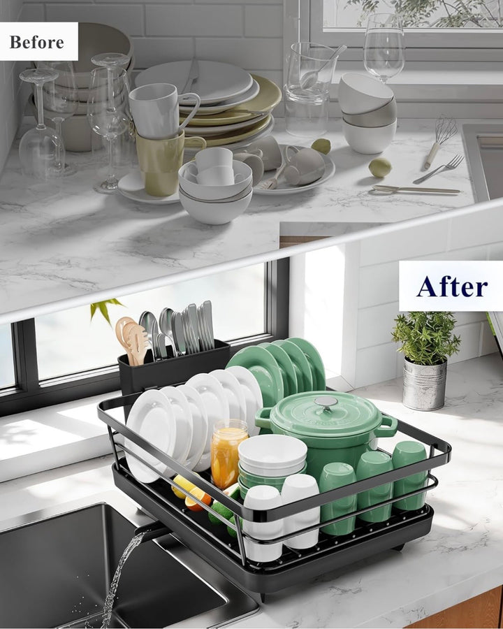 Space-Saving Dish Drying Rack — 2-Tier, Drainboard, Utensil Holder, Rustproof Steel