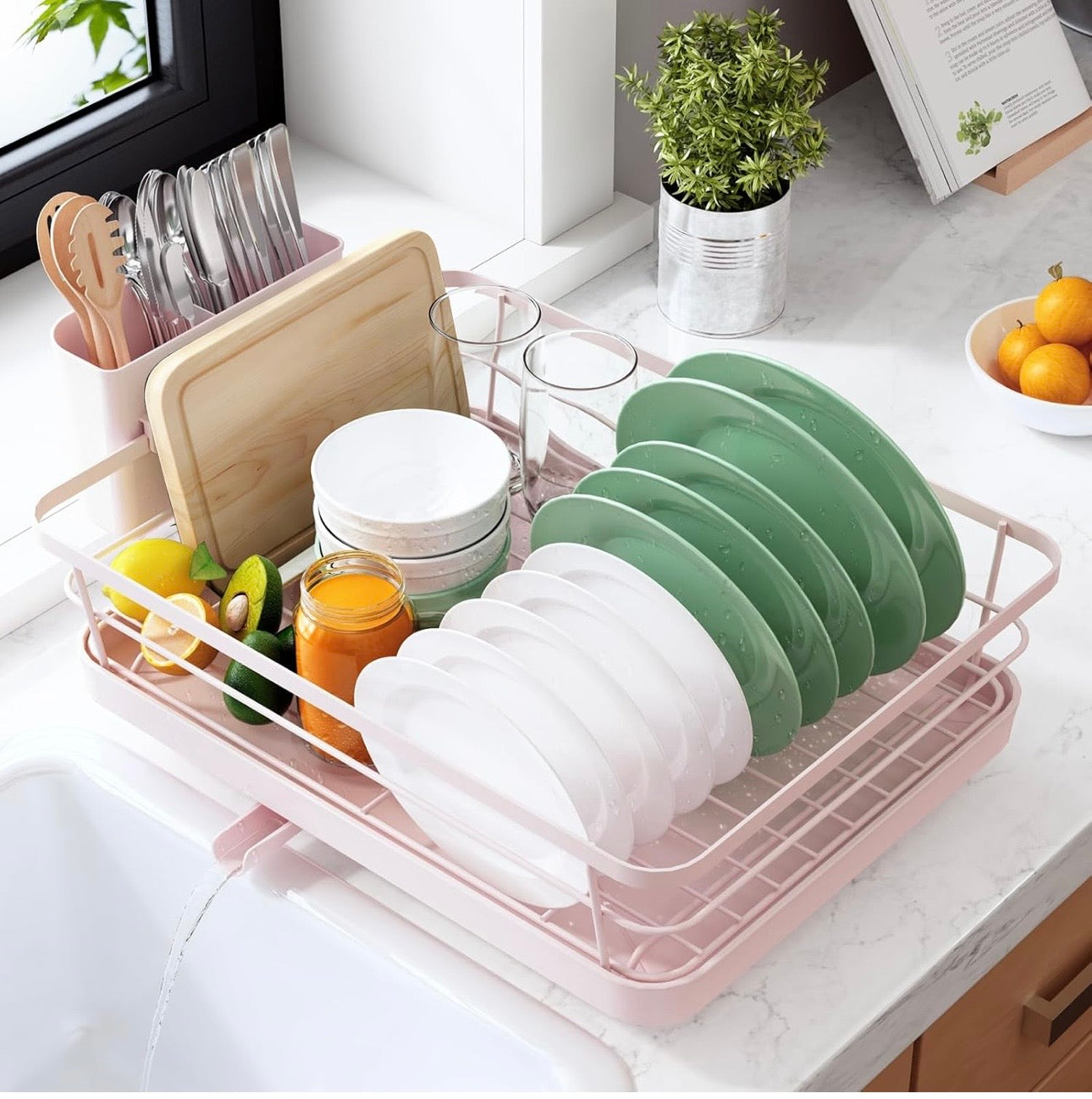 Space-Saving Dish Drying Rack — 2-Tier, Drainboard, Utensil Holder, Rustproof Steel