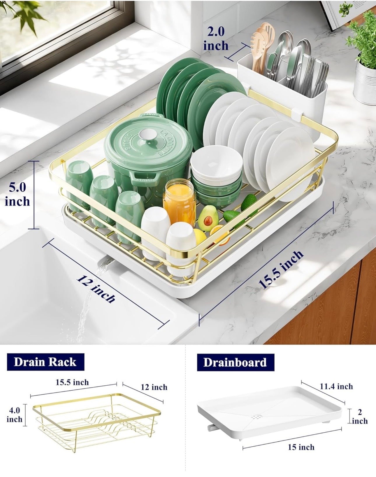 Space-Saving Dish Drying Rack — 2-Tier, Drainboard, Utensil Holder, Rustproof Steel