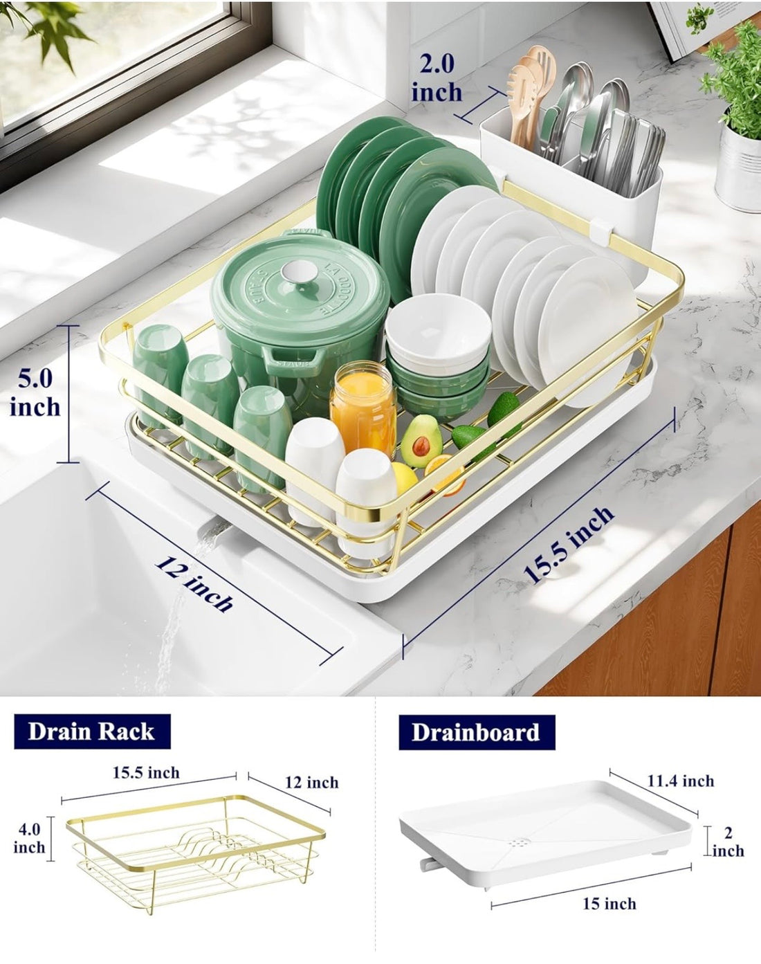 Space-Saving Dish Drying Rack — 2-Tier, Drainboard, Utensil Holder, Rustproof Steel