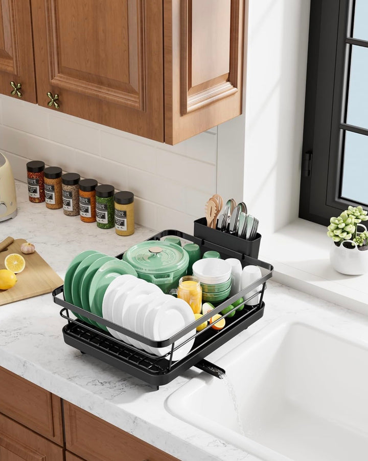Space-Saving Dish Drying Rack — 2-Tier, Drainboard, Utensil Holder, Rustproof Steel