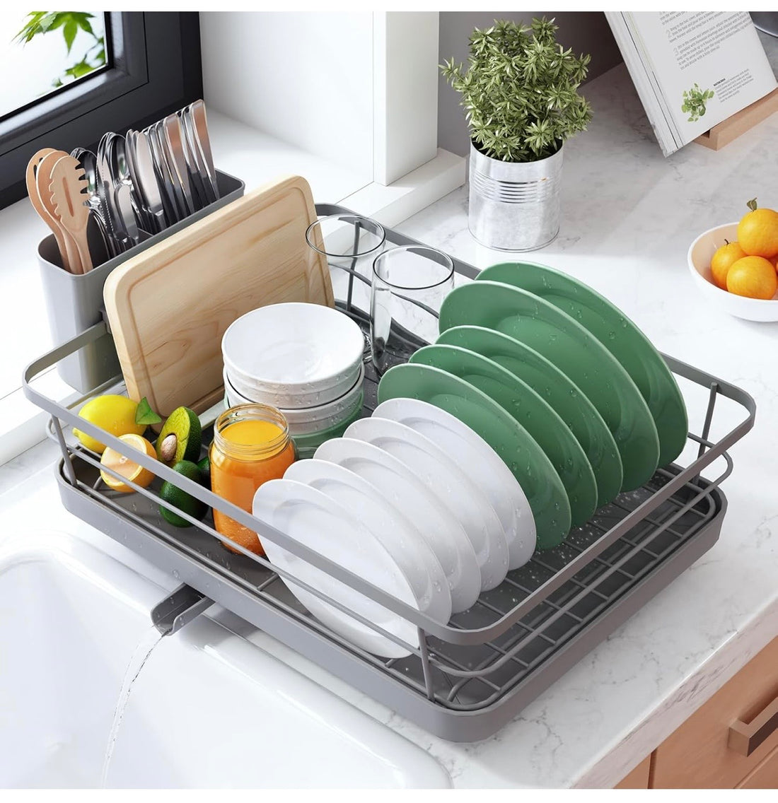 Space-Saving Dish Drying Rack — 2-Tier, Drainboard, Utensil Holder, Rustproof Steel